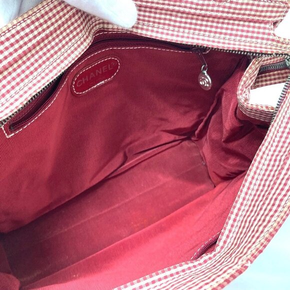CHANEL CC Matelasse Gingham Check Tote Bag Shoulder Bag Canvas Red x White - Picture 4 of 12